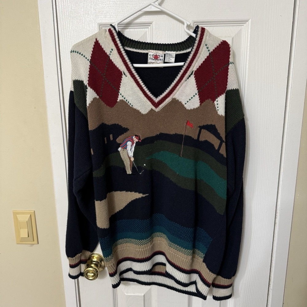 Vintage Cotton Traders Golf Sweater Mens Large V Neck Argyle Pullover Knit 90s